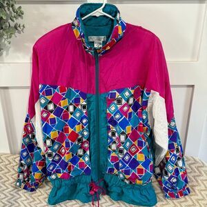 Sunterra Vintage 80's Windbreaker Full Zip Jacket Pink Green Squares Women's PM